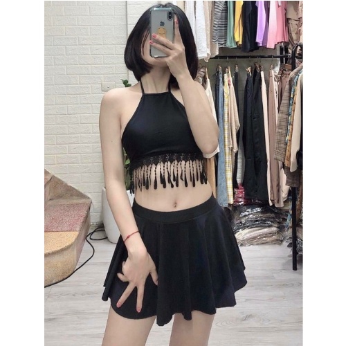 Bikini đi biển 2 mảnh kín đáo - Đồ bơi nữ áo yếm váy xòe KONKUN MS114