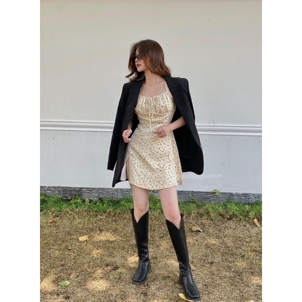 ĐẦM HOA ULLZANG DRESS thiết kế ngắn tay bồng xẻ tà đuôi váy cách điệu với chất vải hoa dày dặn cột nơ style tiểu thư