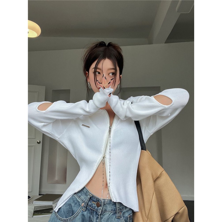 Áo Khoác Cardigan Dệt Kim Dáng Ngắn Tay Dài Phối Khóa Kéo Thời Trang Mùa Thu Cho Nữ