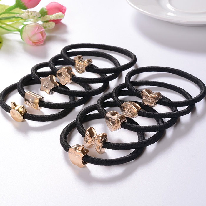 Dây cột tóc co giãn màu đen đính hạt màu vàng đơn giản thời trang Hàn Quốc cho nữ