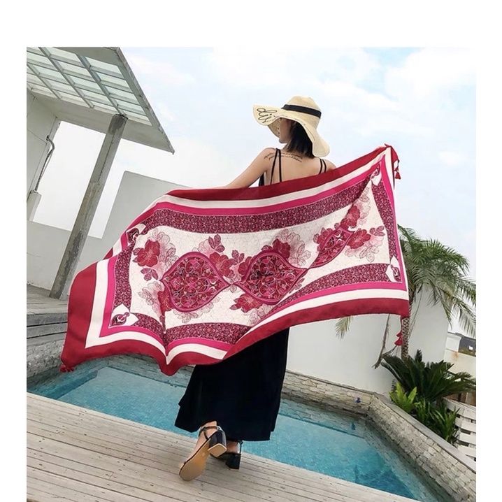 Khăn choàng cổ in hoa văn màu hồng size 90x180cm