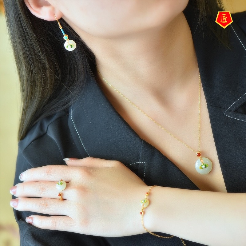 Nhẫn/ Đôi khuyên tai/ Dây chuyền/ Vòng đeo tay mặt đá ngọc bích họa tiết lá sen phong cách retro thời trang