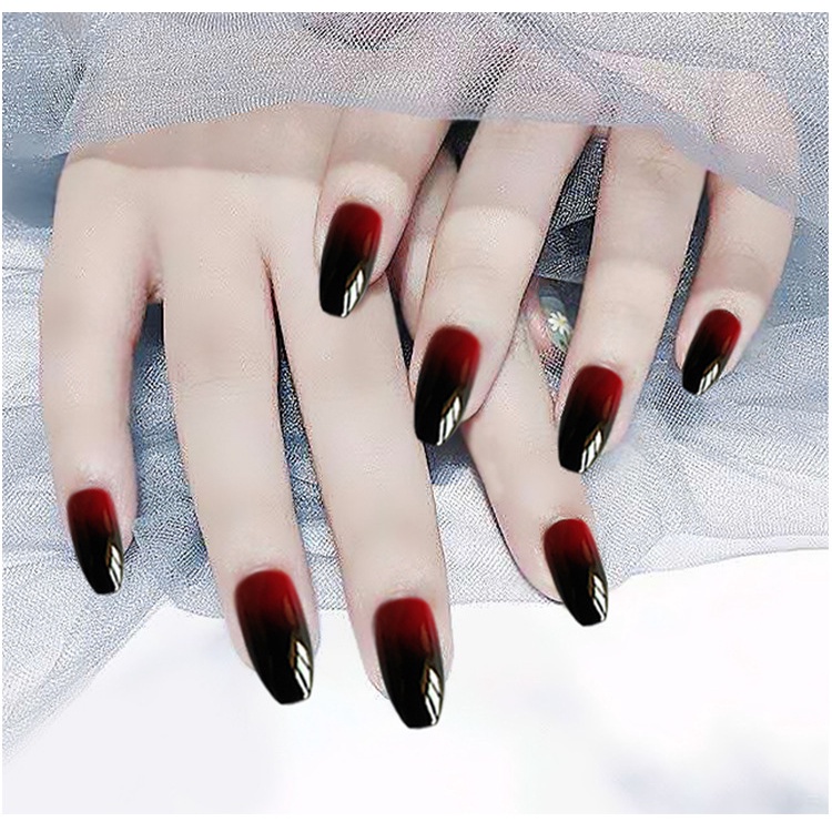 Set 24 Móng Tay Giả Dài Màu Đỏ Đen Gradient Thời Trang Cho Nữ