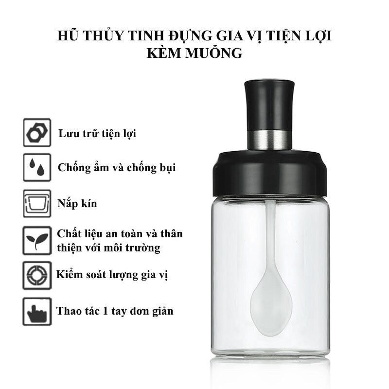 Hũ đựng gia vị, lọ đựng gia vị thuỷ tinh kèm muỗng (thìa) siêu tiện lợi 250ml