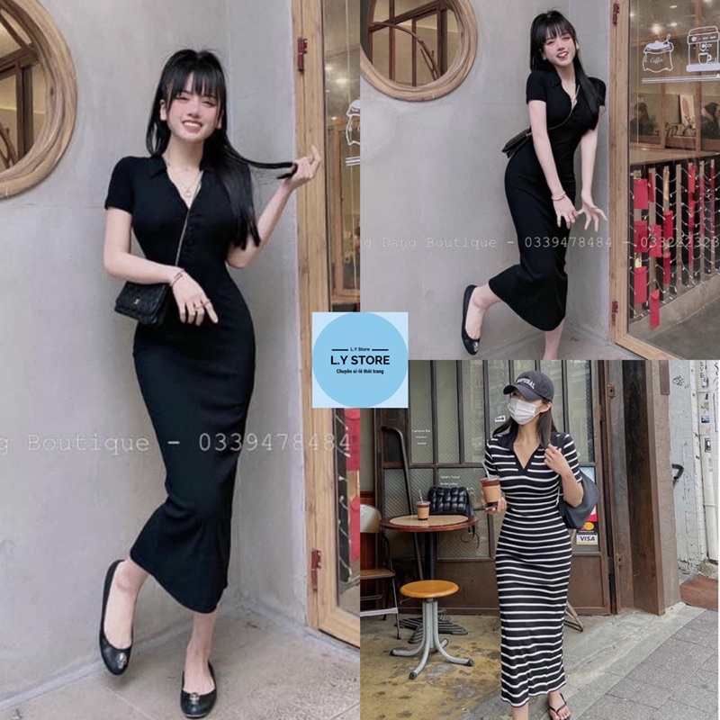 Đầm Body Cổ V Kẻ Ngang L.Y Store Nữ  🌸 Váy thun zip dáng ôm tay lỡ sexy bánh bèo tiểu thư cá tính Ulzzang 🌸