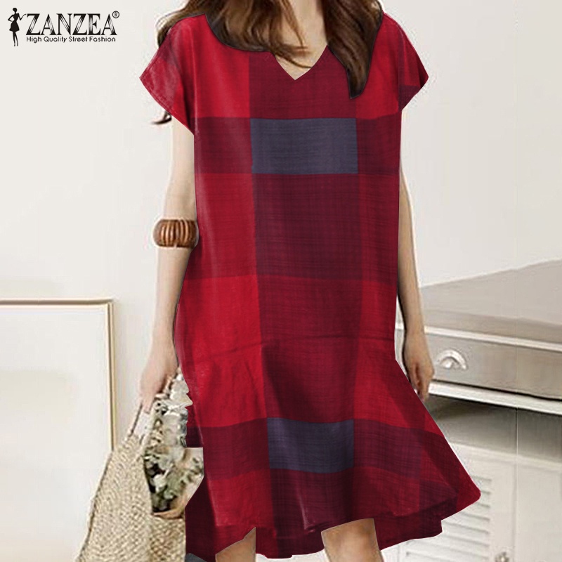 Đầm ngắn ZANZEA cổ chữ V không tay họa tiết caro phong cách vintage giản dị dành cho nữ