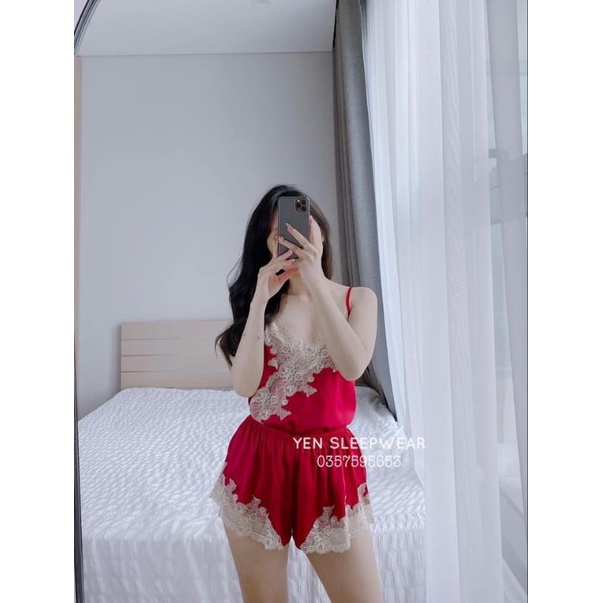 Bộ ngủ lụa hai dây viền ren chéo ngực sexy quảng châu cao cấp hàng sẵn M621
