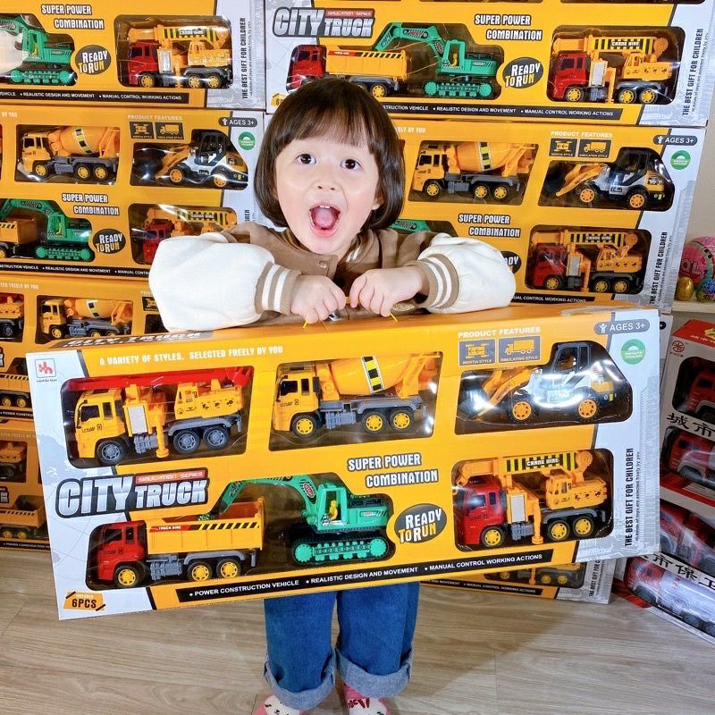 Bộ 6 Xe Công Trình Oto Máy Xúc, Máy Cẩu, Xe Tải, Xe Trộn Bê Tông, Xe Công Trình Loại To