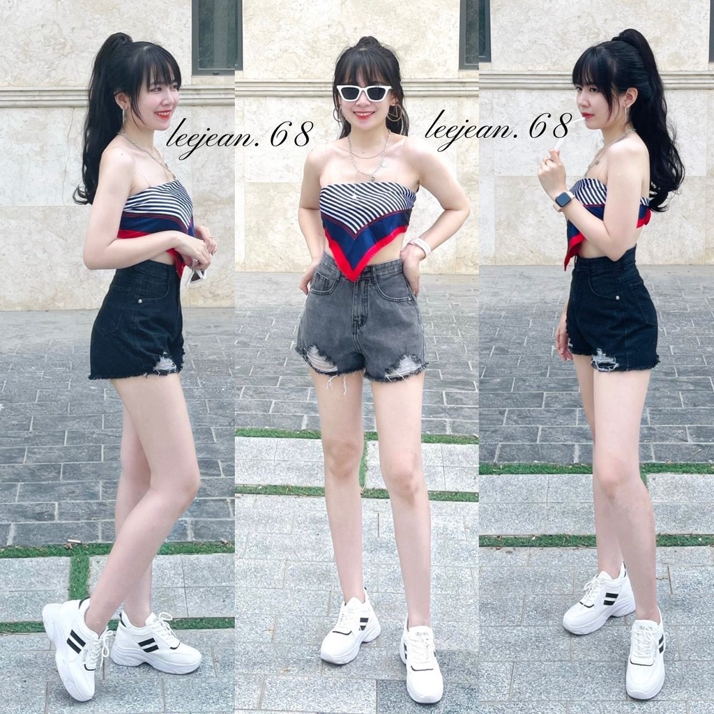 Quần Đùi Jean Nữ Rách Nhẹ, Quần Sọt Lưng Cao Không Giãn LeeS028 Hình Thật Video Thật