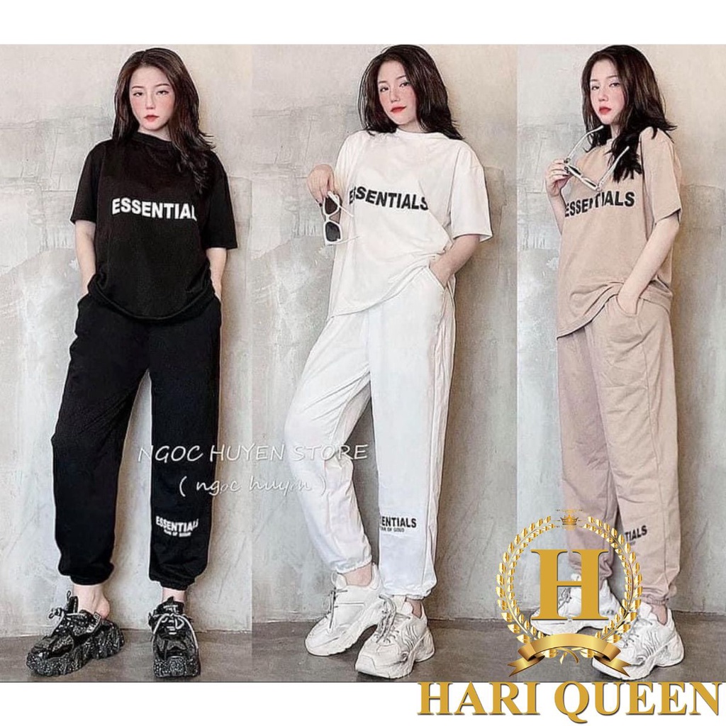 Sét áo phông tay lỡ Essen + quần bom chun gấu in chữ HARIQUEEN