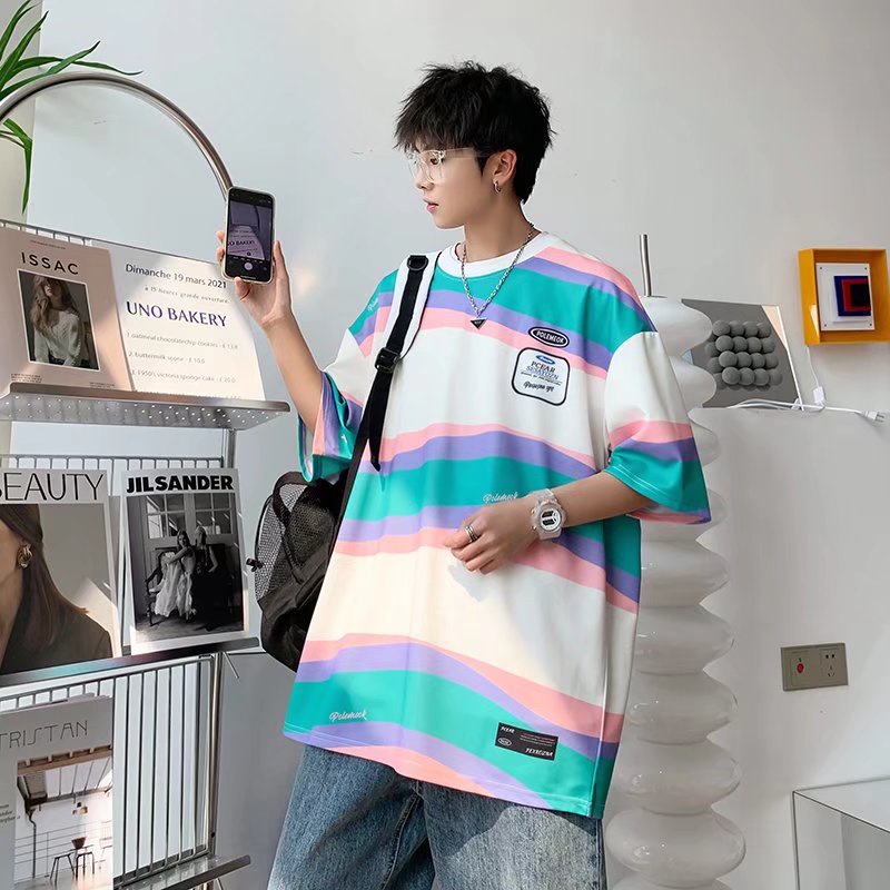 Áo Thun Ngắn Tay Họa Tiết Sọc Màu Sắc Tương Phản Thời Trang Cho Nam
