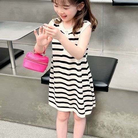 Bộ Áo Thun Cổ Bẻ + Chân Váy Cotton Họa Tiết Kẻ Sọc Phong Cách Hàn Quốc Thời Trang Mùa Hè Xinh Xắn Cho Bé Gái