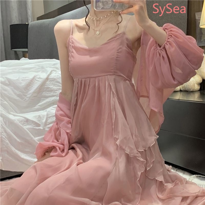 Set Đầm Hai Dây Vải Voan Phối Áo Khoác Cardigan Thời Trang Hè Thu Thanh Lịch Cho Nữ