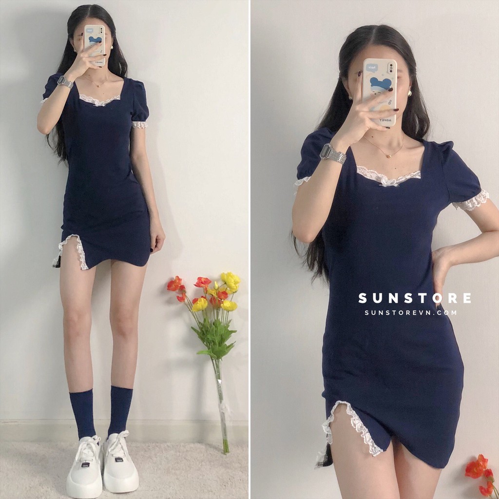 Đầm ôm body viền ren xẻ hông quyến rũ 2 màu đỏ và xanh