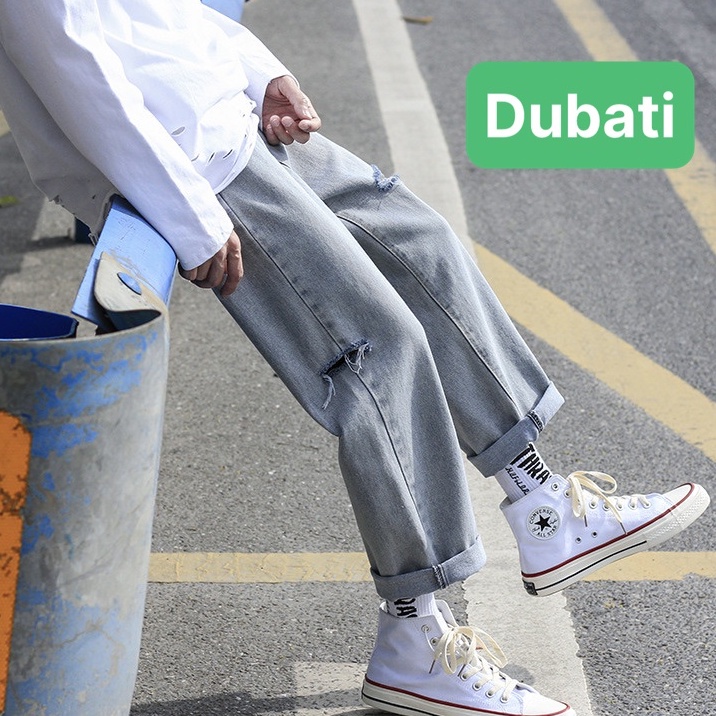 QUẦN BAGGY JEAN NAM WASH RÁCH GỐI LẠ CHẤT BO XANH ỐNG RỘNG- DB 1013- DUBATI FASHION