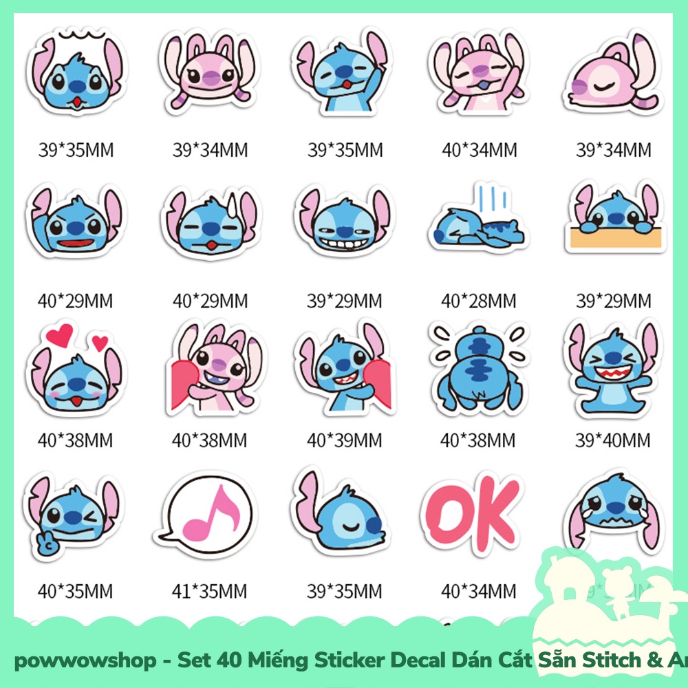 [Sẵn VN - Hỏa Tốc] Set 40 Miếng Sticker Decal Cắt Sẵn DIY Dán Trang Trí Vật Dụng Mẫu NV Hoạt Hình Stitch &amp; Angel Love S