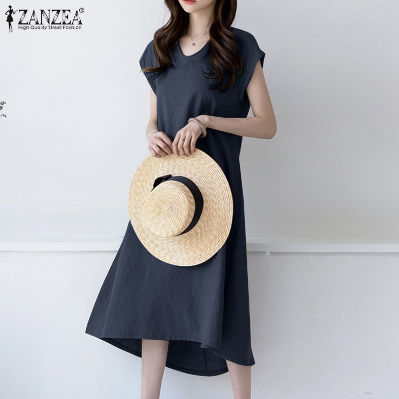 Đầm Zanzea ngắn tay cổ chữ v form rộng phong cách cổ điển thanh lịch dành cho nữ