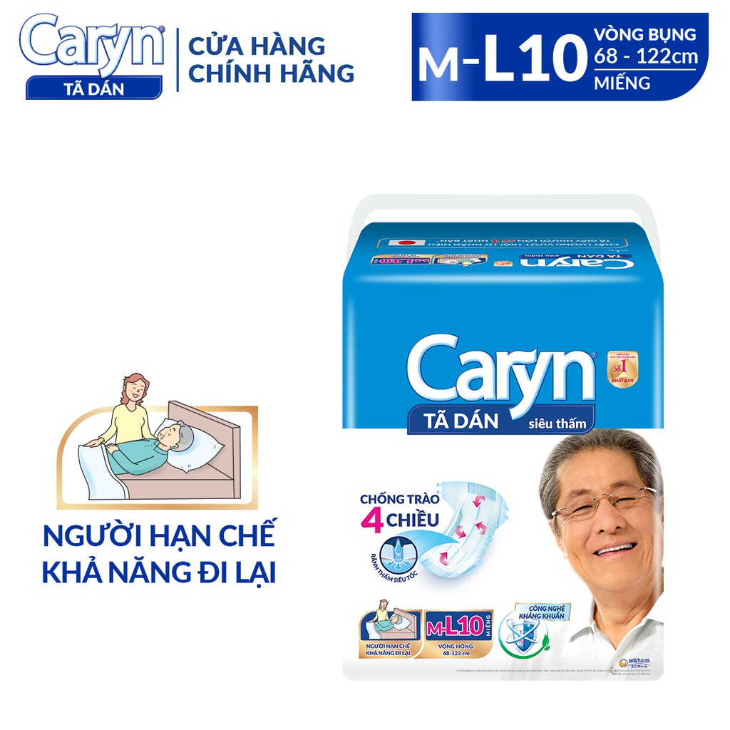 Tã Bỉm Dán Người Lớn Caryn Size ML(L) - 3 Miếng/10 Miếng Dành Cho Người Già Hạn Chế Khả Năng Đi Lại