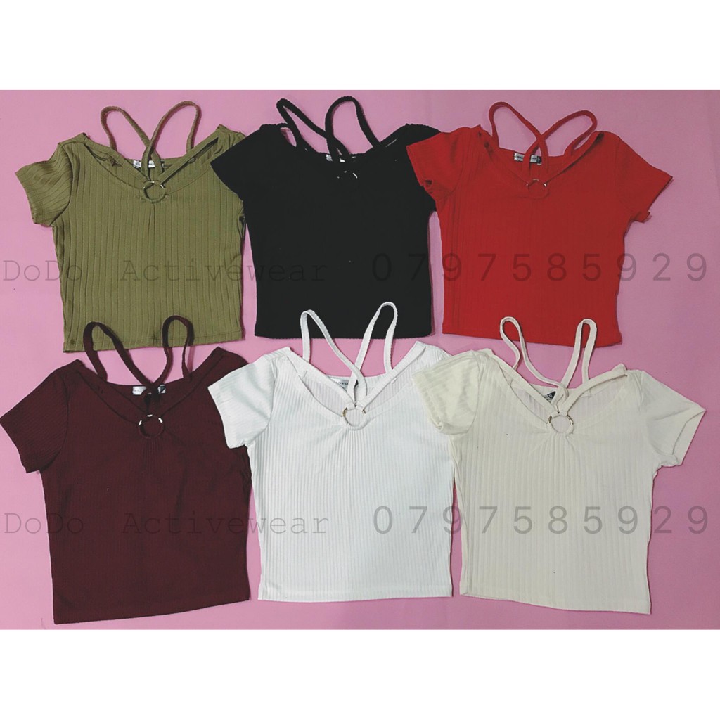Croptop thun gân khoen ngực dây cổ sexy