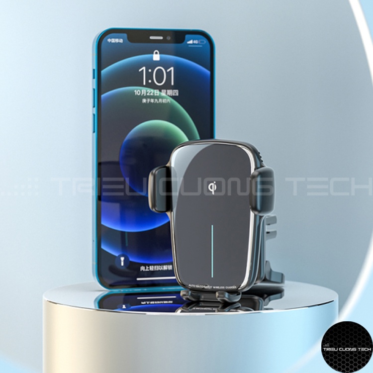 Giá Đỡ Điện Thoại Ô Tô Cảm Ứng Cao Cấp Hỗ Trợ Sạc Qi Triều Cường Tech-  Màu Đen- Sử Dụng Ngang Dọc - Tặng Kèm Đế Hít