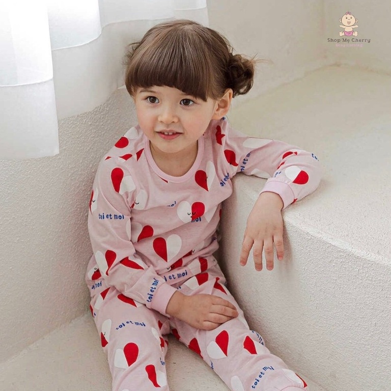 Bộ Dài Tay Bé Gái Nội Địa Hàn Quốc Của Hãng Cordii, Chất Cotton giấy Organic, Mẫu Trái Tim Đỏ