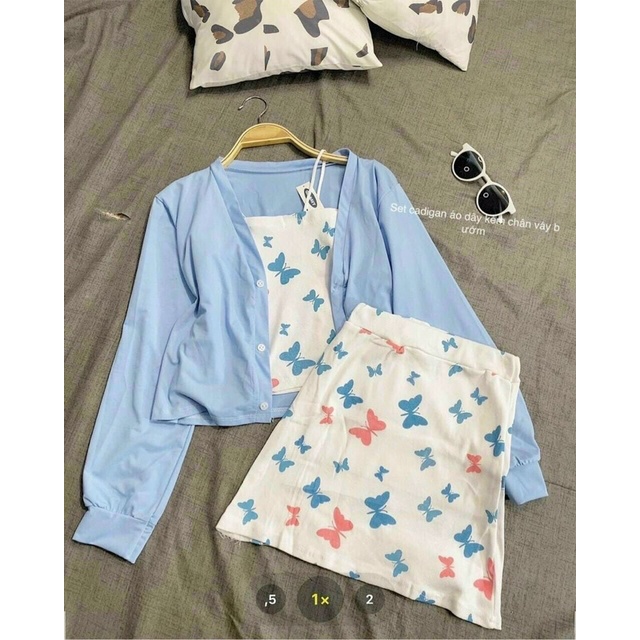 Set Ba Món Áo Hai Dây Croptop - Chân Váy A  Kèm Áo Khoác hoạ tiết bướm 🦋🦋🦋🦋Ma:N97789