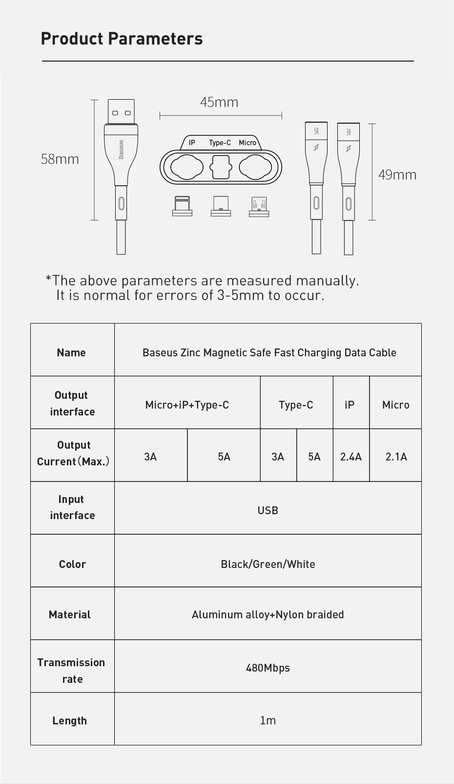 Dây Cáp Sạc Từ Tính Baseus 5A Cổng Micro USB Type C/ IP/ 3 Trong 1 Cho Điện Thoại IPhone Xiaomi