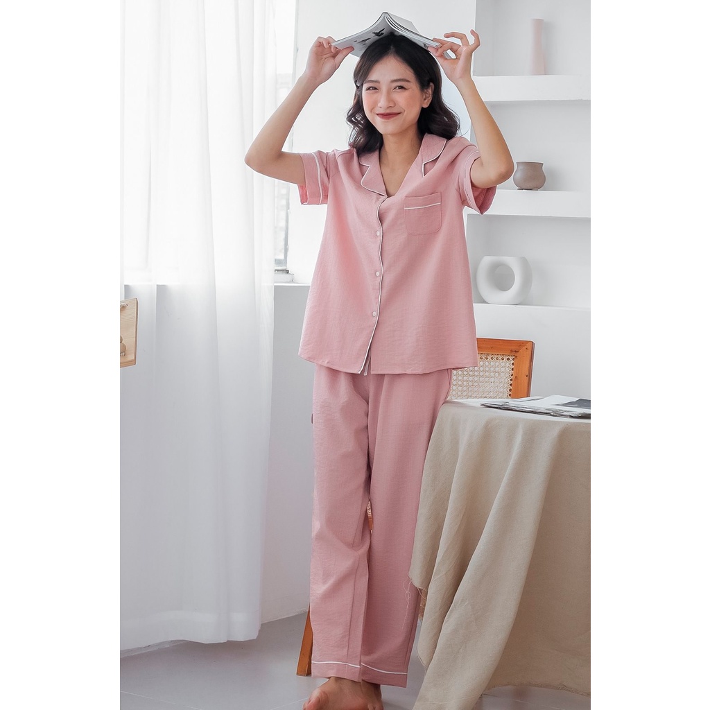 Bộ pijama mặc nhà áo cộc quần dài MOMOJAMA chất liệu đũi xước - 5 màu trơn