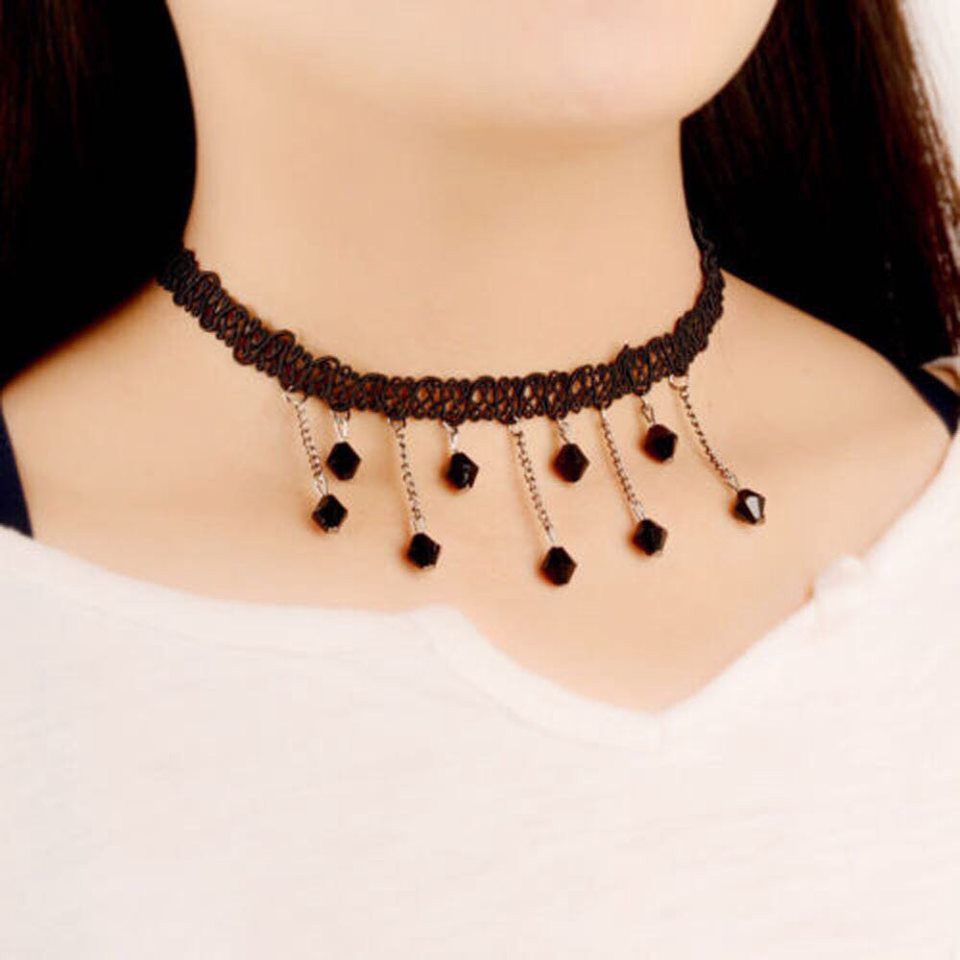 Vòng cổ choker vải nhung đính đá cá tính siêu sang