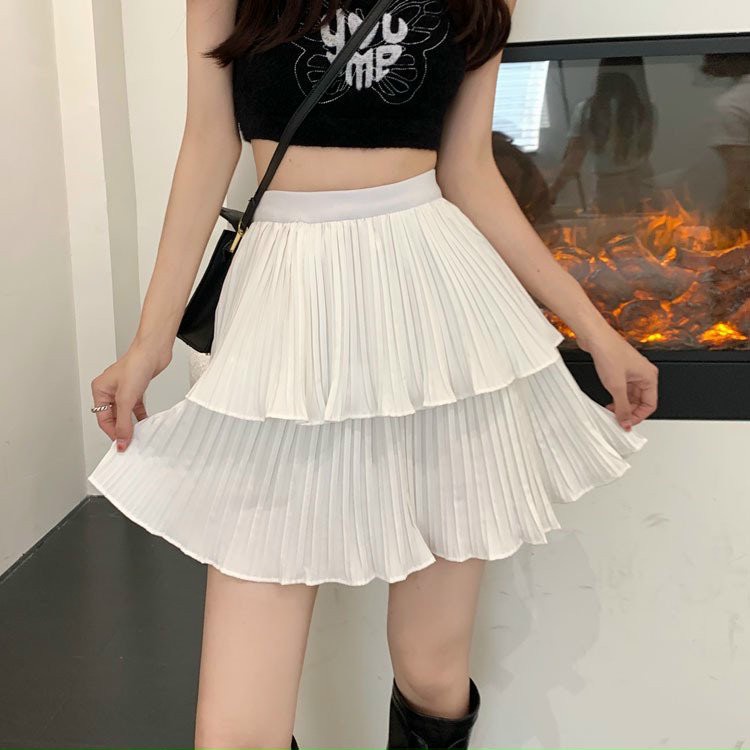 Chân váy nữ màu trắng, đen 2 tầng dập ly nhẹ dễ thương dễ phối đồ