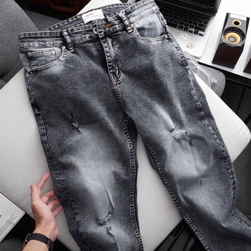 Quần jean nam đen mài cao cấp ống ôm côn co giãn chất bò đẹp | BigBuy360 - bigbuy360.vn