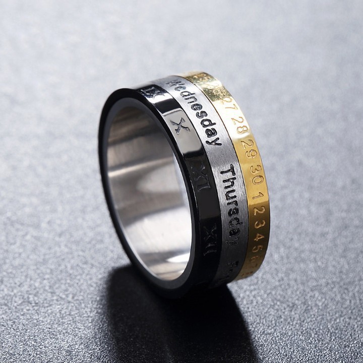 Nhẫn Nam 3 Màu In Thứ Ngày Tháng Titan Ko Đen TT 1376