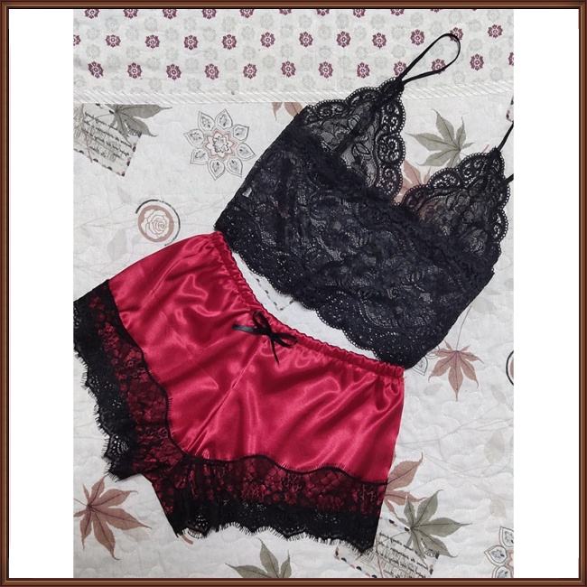 Bộ Đồ Ngủ 2 Món Áo Hai Dây Cổ Chữ V Phối Ren Và Quần Lót Ren Quyến Rũ Dành Cho Nữ