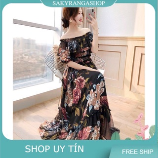 Đầm hoa bẹt vai tay bèo cao cấp