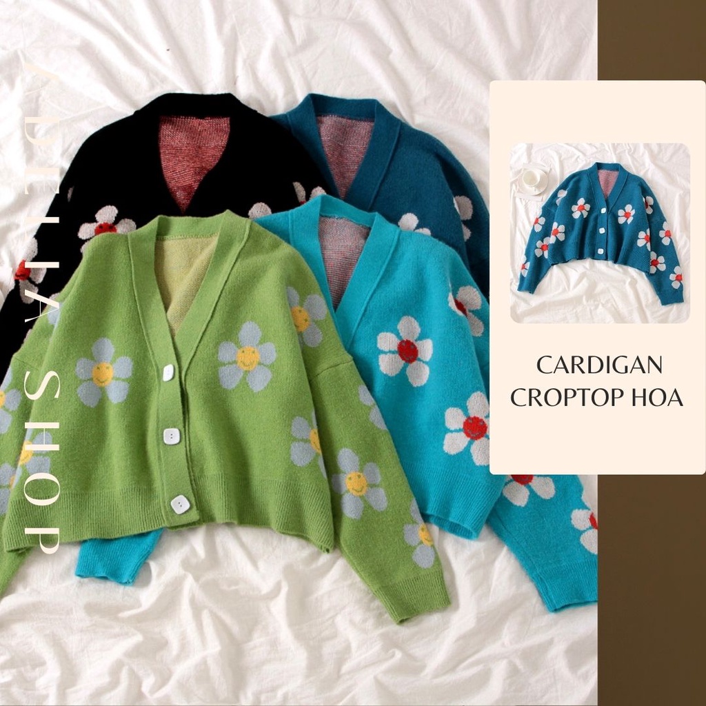 Khoác Len Cardigan Hoa Nhí | Áo Len Nữ Cardigan Croptop Cổ V Họa Tiết Hoa Nhí Dài Tay Xinh Xắn Ulzzang 2021