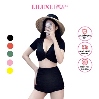 Đồ bơi bikini hai mảnh áo xoắn ngực quần lưng cao - liluxu store