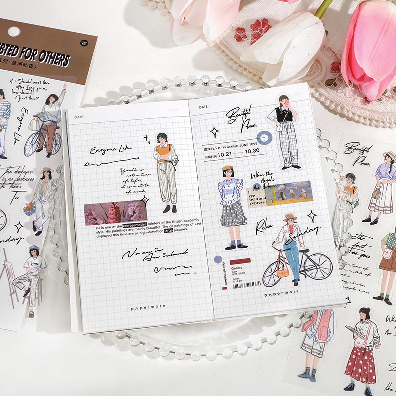 Bộ 2 Tấm Sticker Hình Cô Gái Hoạt Hình Chống Nước Trang Trí Sổ Tay