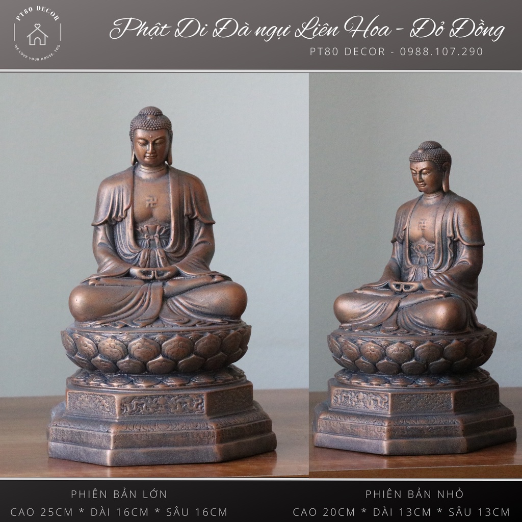 Bộ tượng Phật A Di Đà ngồi đài sen PT80 Decor, cao 25cm phiên bản phủ đồng đỏ đẹp, bền, sắc nét