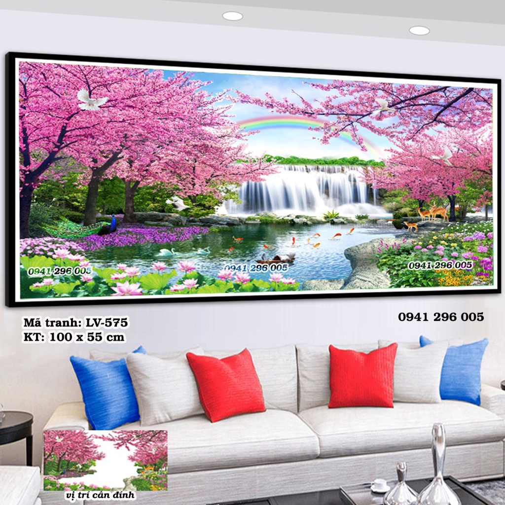 Tranh đính đá phong cảnh Mùa Xuân LV575 - Tranh thêu E63 (KT: 100x55cm) - tranh chưa làm