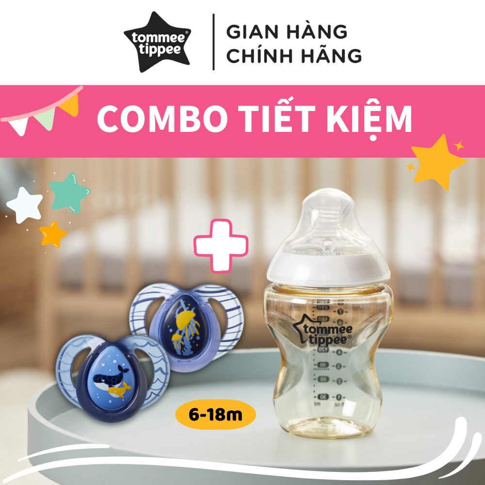 COMBO Ty ngậm dạ quang Tommee Tippee Night Time &amp; Bình sữa PPSU ty siêu mềm Tommee Tippee Closer to Nature 260ml
