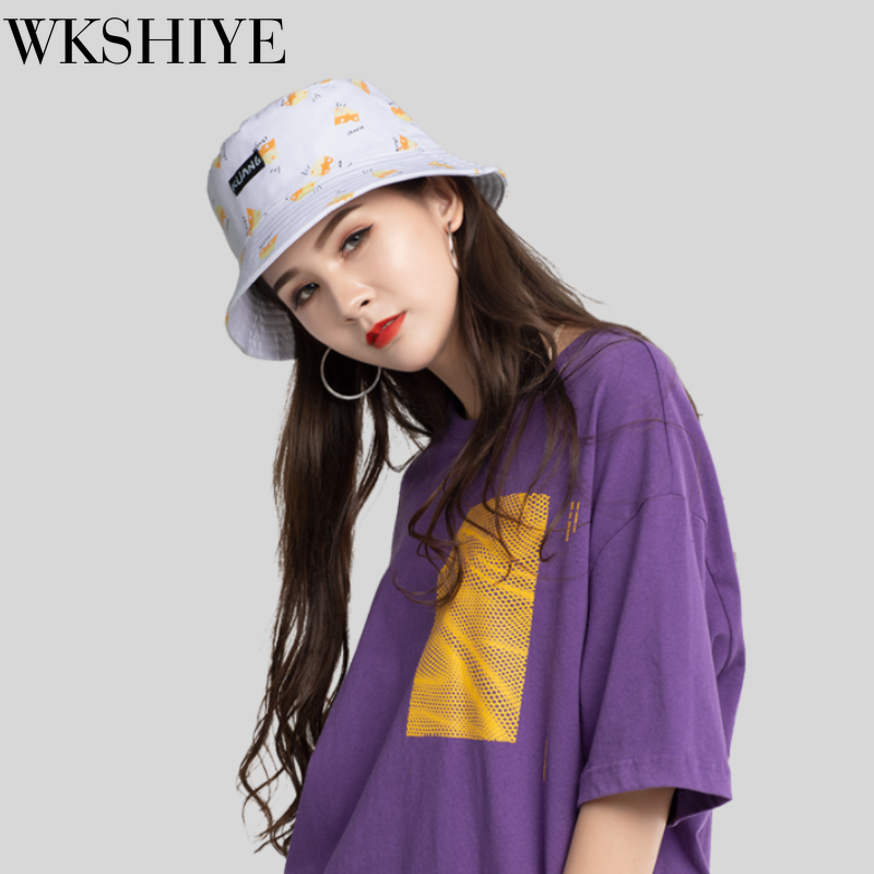 Retro Canvas Fisherman Hat Female Double-sided Banana Print Bucket Hat