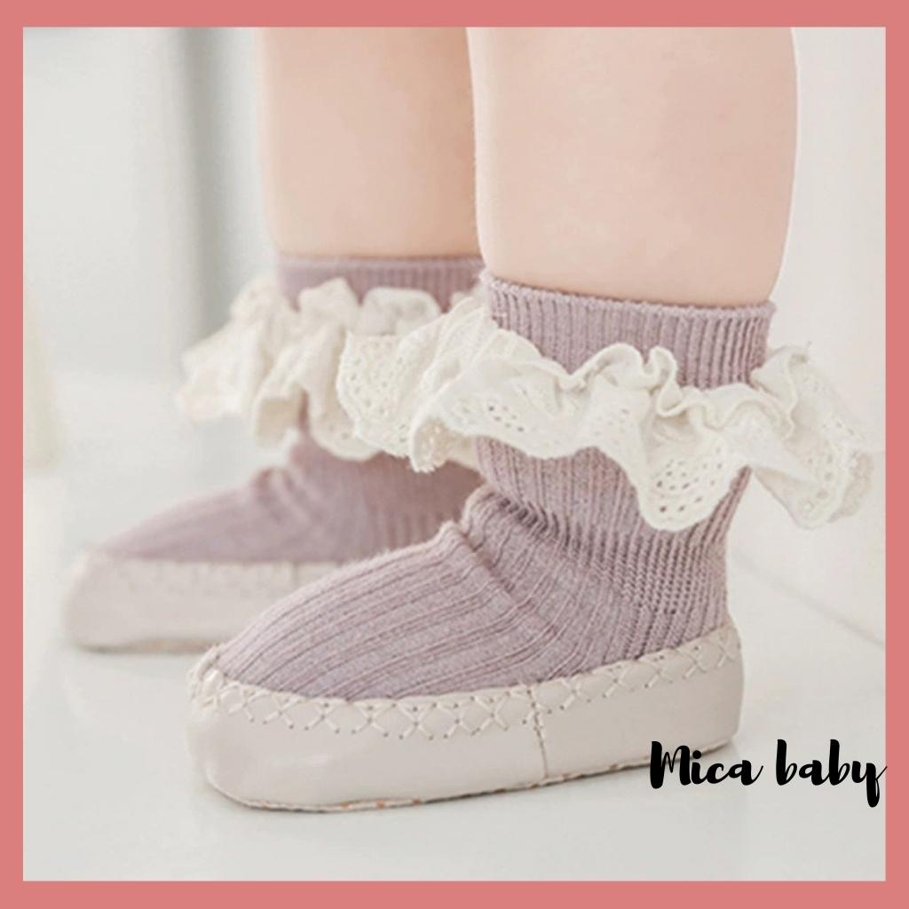 Giày tất tập đi chống trơn trượt viền ren đáng yêu cho bé Mica baby T07