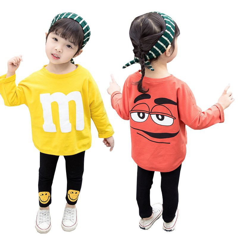 Set áo thun dài tay cổ tròn + quần dài in hoạt hình đáng yêu cho bé gái