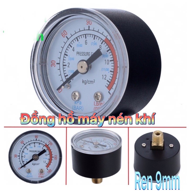 Đồng hồ đo áp suất khí nén 0-180 psi 0-12bar 1/8 chân ren 9mm