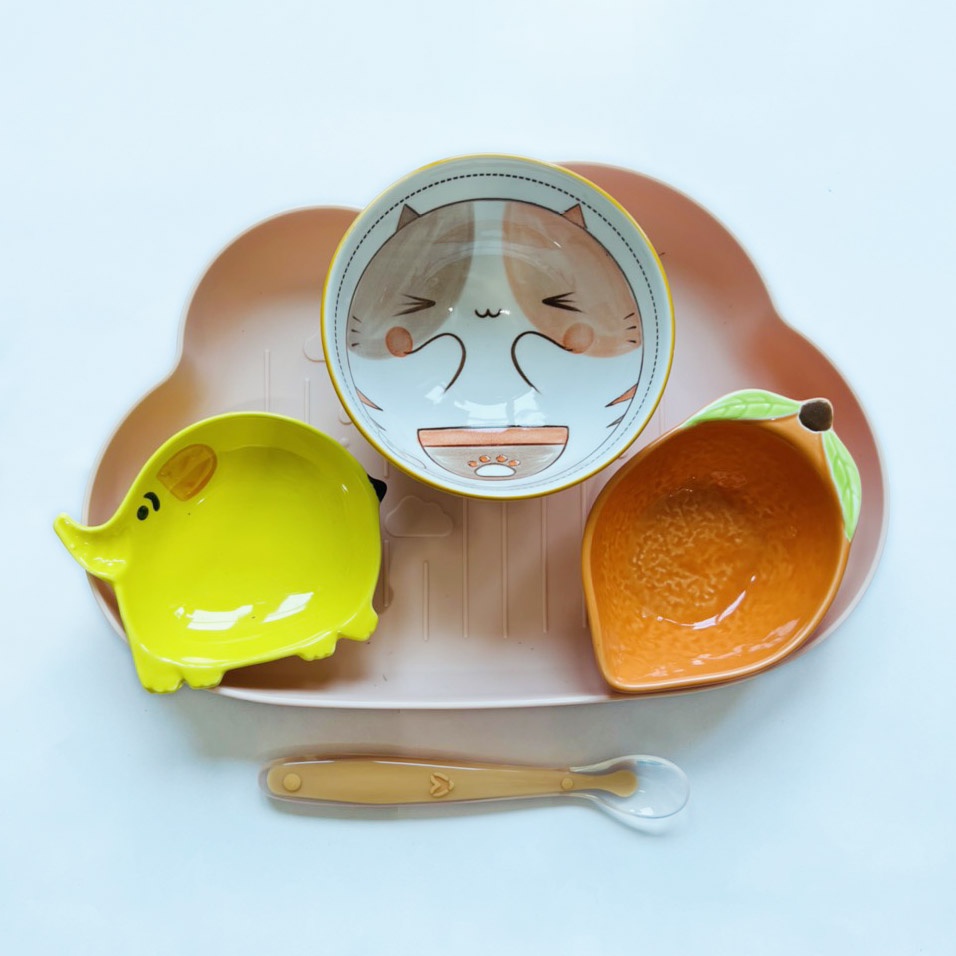 Combo Bát Đĩa Ăn Dặm Chất Liệu Gốm Sứ Kèm Khay Và Thìa Màu Sắc Đáng Yêu Ngộ Nghĩnh YOOTA BABY