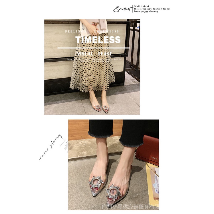 Giày Sandal Gót Thấp Mũi Nhọn Quai Trong Suốt Đính Đá Thời Trang Mùa Hè Hàn Quốc Dành Cho Nữ 2023