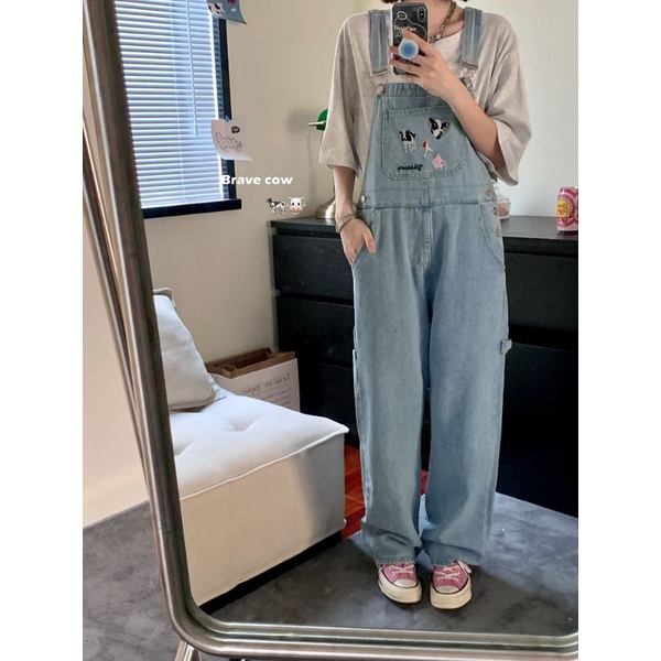 Yếm Jeans Nữ Thêu Hình Bò Sữa 🐄 Dễ Thương ❤️