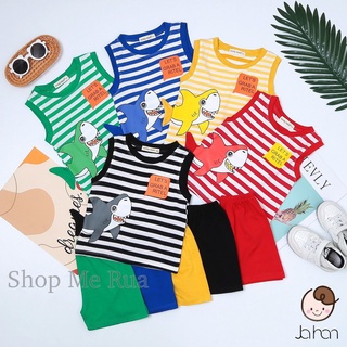 Đồ bộ ba lỗ cho bé trai bé gái hình cá mập áo phối sọc hàng minky mom. cả bộ quần áo. size 80 - 120 mmbl12