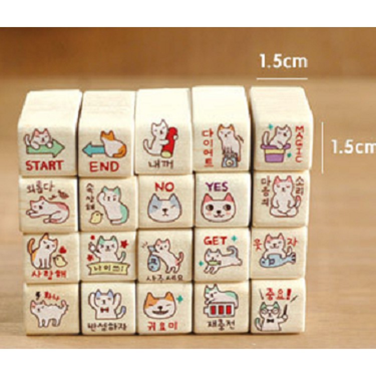 Bộ 20 con dấu gỗ mèo trang trí- Tặng kèm mực 4 màu