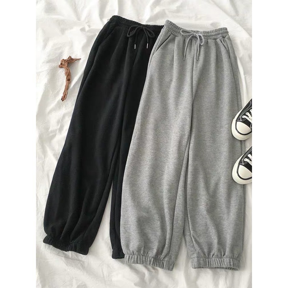 Quần jogger nữ ống rộng bo chun gấu 2 màu đen ghi – quần jogger nữ nỉ thun da cá phong cách thể thao | BigBuy360 - bigbuy360.vn